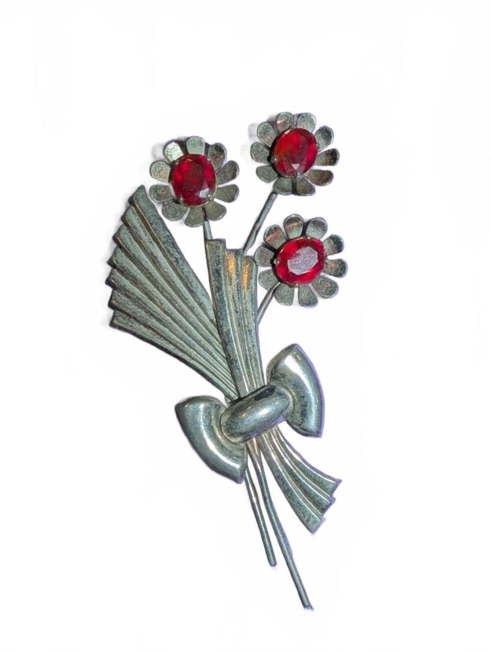 Vintage Silver Tone Floral Bouquet Brooch Pin with Red Rhinestones